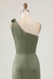 Maxi Olive Mermaid Ruched Satin One Shoulder Bridesmaid Dress with Slit