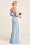 Dusty Blue Off the Shoulder Maxi Satin Bridesmaid Dress with Slit