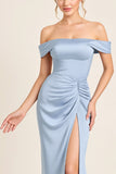 Dusty Blue Off the Shoulder Maxi Satin Bridesmaid Dress with Slit
