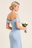 Dusty Blue Off the Shoulder Maxi Satin Bridesmaid Dress with Slit