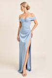 Satin Sheath Dusty Blue Off the Shoulder Long Bridesmaid Dress with Slit