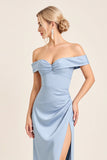 Satin Sheath Dusty Blue Off the Shoulder Long Bridesmaid Dress with Slit