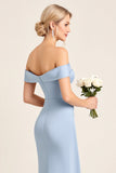 Satin Sheath Dusty Blue Off the Shoulder Long Bridesmaid Dress with Slit