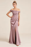 Sheath Satin Ruched Vintage Mauve Long Bridesmaid Dress with Slit