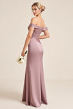 Sheath Satin Ruched Vintage Mauve Long Bridesmaid Dress with Slit