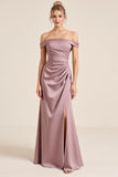 Sheath Satin Ruched Vintage Mauve Long Bridesmaid Dress with Slit
