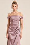 Sheath Satin Ruched Vintage Mauve Long Bridesmaid Dress with Slit