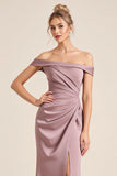 Sheath Satin Ruched Vintage Mauve Long Bridesmaid Dress with Slit