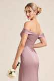 Sheath Satin Ruched Vintage Mauve Long Bridesmaid Dress with Slit