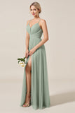 Matcha A Line Spaghetti Straps Tulle Long Bridesmaid Dress with Slit