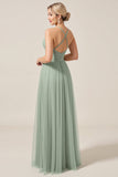 Matcha A Line Spaghetti Straps Tulle Long Bridesmaid Dress with Slit