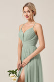 Matcha A Line Spaghetti Straps Tulle Long Bridesmaid Dress with Slit