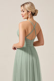 Matcha A Line Spaghetti Straps Tulle Long Bridesmaid Dress with Slit