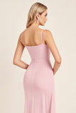 Candy Pink Sheath Satin Spaghetti straps Maxi Bridesmaid Dress
