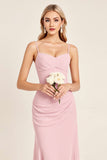 Candy Pink Sheath Satin Spaghetti straps Maxi Bridesmaid Dress