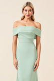 Off the Shoulder Mint Sheath Satin Maxi Bridesmaid Dress