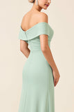 Off the Shoulder Mint Sheath Satin Maxi Bridesmaid Dress