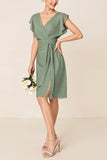 Petite Eucalyptus Chiffon V-Neck Midi Bridesmaid Dress with Sash