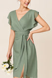 Petite Eucalyptus Chiffon V-Neck Midi Bridesmaid Dress with Sash