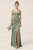 Satin Eucalyptus Sheath V Neck Ruched Maxi Bridesmaid Dress with Slit