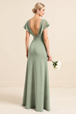 Matcha Sheath V-Neck Cap Sleeves Long Bridesmaid Dress with Slit