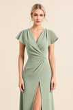 Matcha Sheath V-Neck Cap Sleeves Long Bridesmaid Dress with Slit