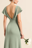 Matcha Sheath V-Neck Cap Sleeves Long Bridesmaid Dress with Slit