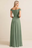 Eucalyptus Sheath Satin Cold Shoulder Maxi Bridesmaid Dress with Slit