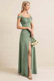Eucalyptus Sheath Satin Cold Shoulder Maxi Bridesmaid Dress with Slit