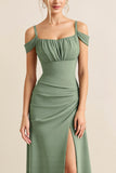 Eucalyptus Sheath Satin Cold Shoulder Maxi Bridesmaid Dress with Slit