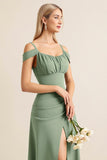 Eucalyptus Sheath Satin Cold Shoulder Maxi Bridesmaid Dress with Slit