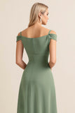 Eucalyptus Sheath Satin Cold Shoulder Maxi Bridesmaid Dress with Slit