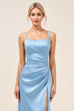 Square Neck Dusty Blue Sheath Satin Ruched Long Bridesmaid Dress with Slit