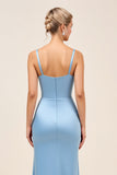 Square Neck Dusty Blue Sheath Satin Ruched Long Bridesmaid Dress with Slit