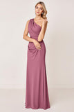 One Shoulder Vintage Mauve Sheath Ruched Satin Long Bridesmaid Dress