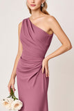 One Shoulder Vintage Mauve Sheath Ruched Satin Long Bridesmaid Dress