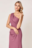 One Shoulder Vintage Mauve Sheath Ruched Satin Long Bridesmaid Dress