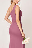 One Shoulder Vintage Mauve Sheath Ruched Satin Long Bridesmaid Dress