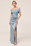 Satin Dusty Blue Off the Shoulder Ruched Long Bridesmaid Dress with Slit