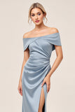 Satin Dusty Blue Off the Shoulder Ruched Long Bridesmaid Dress with Slit
