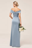 Satin Dusty Blue Off the Shoulder Ruched Long Bridesmaid Dress with Slit