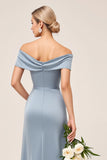 Satin Dusty Blue Off the Shoulder Ruched Long Bridesmaid Dress with Slit