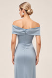 Satin Dusty Blue Off the Shoulder Ruched Long Bridesmaid Dress with Slit