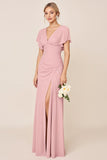 Candy Pink Sheath Flutter Sleeves Long Bridesmaid Dress with Slit