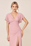 Candy Pink Sheath Flutter Sleeves Long Bridesmaid Dress with Slit