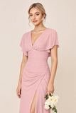 Candy Pink Sheath Flutter Sleeves Long Bridesmaid Dress with Slit