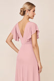 Candy Pink Sheath Flutter Sleeves Long Bridesmaid Dress with Slit