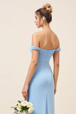 Sky Blue Satin Off the Shoulder Long Sheath Bridesmaid Dress with Slit