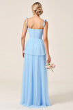Sky Blue A Line Tulle Bow Long Bridesmaid Dress with Slit