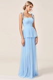 Sky Blue A Line Tulle Bow Long Bridesmaid Dress with Slit